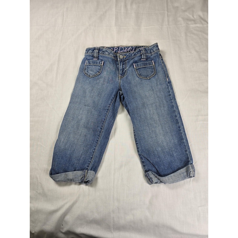 GapKids Jeans Girls 8 Blue Denim Capri Cuffed Floral Embroidered Pockets